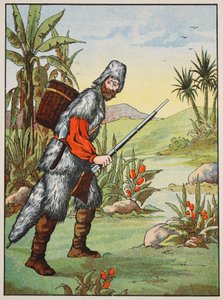 Robinson Crusoe, illustrazione da La storia di Robinson Crusoe: Un adattamento per bambini seguendo il linguaggio di Defoe, pub. da Griffith Farran Browne & Co. Limited, Londra da English School