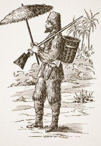 Robinson Crusoe, illustrazione da La storia di Robinson Crusoe: Un adattamento per bambini seguendo il linguaggio di Defoe, pub. da Griffith Farran Browne & Co. Limited, Londra