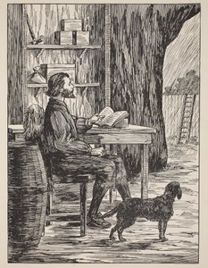 Robinson Crusoe nella sua caverna, illustrazione da La storia di Robinson Crusoe: Un adattamento per bambini seguendo il linguaggio di Defoe, pub. da Griffith Farran Browne & Co. Limited, Londra da English School