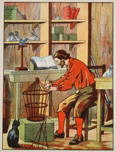 Robinson Crusoe costruisce una gabbia per il suo pappagallo, illustrazione da La storia di Robinson Crusoe: Un adattamento per bambini seguendo il linguaggio di Defoe, pub. da Griffith Farran Browne & Co. Limited, Londra da English School