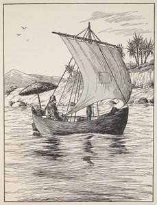 Robinson Crusoe sulla sua barca, illustrazione da La storia di Robinson Crusoe: Un adattamento per bambini seguendo il linguaggio di Defoe, pub. da Griffith Farran Browne & Co. Limited, Londra da English School