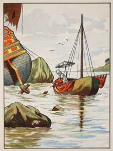 Robinson Crusoe salva un cane da un naufragio spagnolo, illustrazione da La storia di Robinson Crusoe: Un adattamento per bambini seguendo il linguaggio di Defoe, pub. da Griffith Farran Browne & Co. Limited, Londra da English School