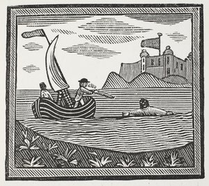 Robinson e Xury che scappano dai Mori, illustrazione da Chap-books del XVIII secolo di John Ashton, pub. 1882
