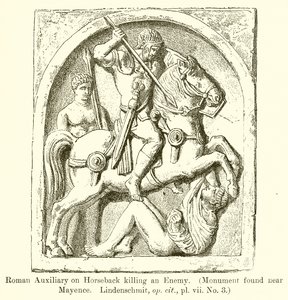 Ausiliario romano a cavallo che uccide un nemico (Monumento trovato vicino a Magonza. Lindenschmit, op. cit., vii. No. 3) da English School