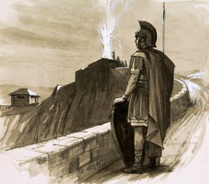 Soldato romano che sorveglia un muro di confine da English School