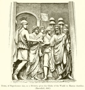 Roma, di dimensioni sovrumane, come una divinità dona il globo del mondo a Marco Aurelio (Bassorilievo; ibid) da English School