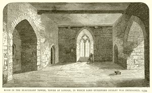 Stanza nella Torre di Beauchamp, Torre di Londra, in cui fu imprigionato Lord Guildford Dudley, 1554 da English School