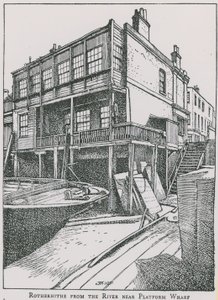 Rotherhithe dal fiume Tamigi vicino a Platform Wharf; The Angel da English School
