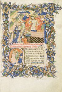 Figura incoronata sostenuta da un santo con barba grigia inginocchiato davanti a un