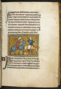 Due uomini con due asini, da Bestiario, Lapidario, 2° quarto del XIII secolo (pergamena) da English School