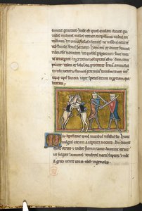 Due cavalieri che combattono a piedi con spade, mentre i loro cavalli combattono tra loro sulle zampe posteriori, da Bestiario, Lapidario, 2° quarto del XIII secolo (pergamena) da English School