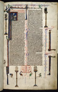 Royal 1 D I, f.1r, Girolamo, frati su colonne, dalla Bibbia di William of Devon (pergamena) da English School