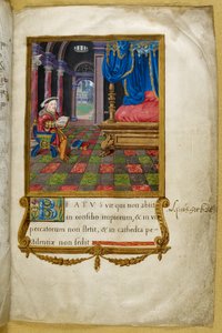 Royal 2 A. XVI, f.3 Re Enrico VIII seduto a leggere, nella sua camera da letto, illustrazione dal 