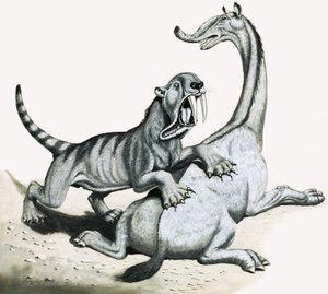 Tigre dai denti a sciabola che attacca una creatura preistorica non identificata da English School