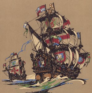 Navi a vela (litografia a colori) da English School