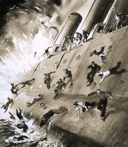 Marinai che fuggono dalla HMS Natal che ha preso fuoco nel Cromerty Firth nel 1915