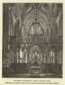 Cattedrale di Salisbury, coro, vista verso est, con nuovo pulpito, schermo del coro, reredos e finestre della Cappella della Madonna da English School
