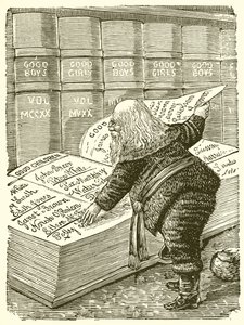 Babbo Natale che guarda nel suo diario i nomi dei bambini che sono stati buoni dall