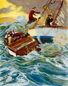 Scena da Quattro valvole e Sheila: una donna che salta da una barca a motore a uno yacht in un mare agitato (litografia a colori)