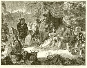 Scena nei campi di Highgate durante il grande incendio di Londra, 1666 da English School