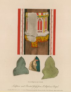Scultura e vetro dipinto dalla Cappella di St Stephen (incisione colorata)