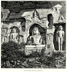 Grotta scolpita a Gwalior (incisione) da English School