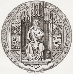 Sigillo di Robert Stewart, Duca di Albany, c. 1340 – 1420. Membro della casa reale scozzese, reggente, Governatore della Scozia, Duca di Albany, Conte di Fife e Menteith. Da Iconographia Scotica o Ritratti di Persone Illustri di Scozia, pubblicato nel 1797 da English School