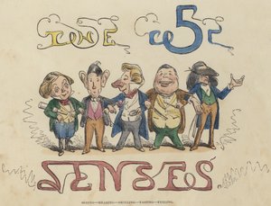 Vedere, Sentire, Annusare, Gustare, Toccare (incisione colorata) da English School