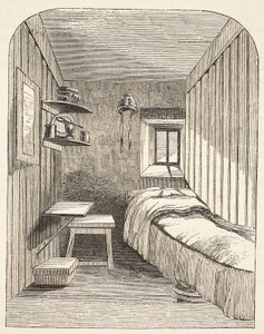 Cella da letto separata in una delle nuove ali della prigione femminile di Brixton, illustrazione da The Criminal Prisons of London and Scenes from Prison Life di Henry Mayhew e John Binny, pub