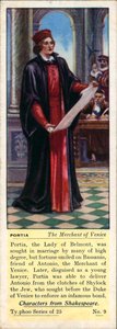 Personaggi di Shakespeare: Porzia, Il mercante di Venezia (litografia a colori) da English School