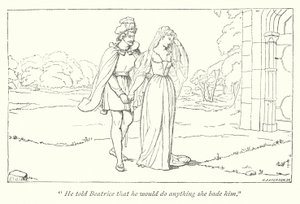Molto rumore per nulla di Shakespeare; Beatrice lamenta la disgrazia di Ero a Benedetto (incisione) da English School
