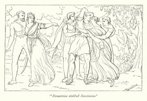 Tito Andronico di Shakespeare; Demetrio, istigato da Tamora, uccide Bassiano (incisione) da English School