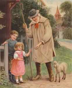 Pastore che dà le redini di un agnello domestico a una bambina da English School
