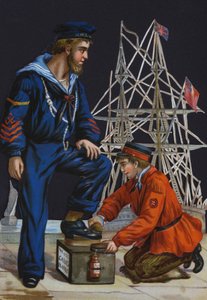 Lustrascarpe che lucida gli stivali di un marinaio, pubblicità per il lucido da scarpe Carr