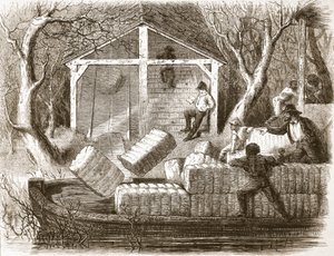 Sparare balle di cotone nella parte anteriore del battello a vapore Magnolia, illustrazione da The Illustrated London News, 1861 da English School