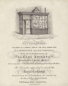 Negozio di Samuel Knights, venditore di stampe e corniciaio, 3 Sweetings Alley, Cornhill, Città di Londra da English School