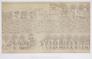 Assedio di una città sulla riva di un fiume, tavola 42 da Ninive e i suoi resti di Austen Henry Layard (1817-94) pubblicato 1849 da English School