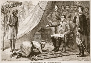 Sir David Ochterlony e il messaggero Ghoorka, illustrazione da Cassells Illustrated History of India di James Grant, pub. 1879 da English School