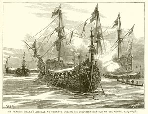 Arrivo di Sir Francis Drake a Ternate durante la sua circumnavigazione del globo, 1577-1580