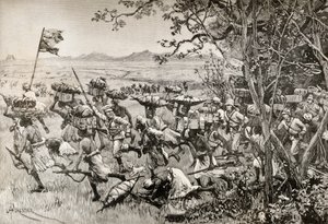Sir Henry Morton Stanley e i suoi uomini emergono finalmente dalla foresta verso la prateria nel 1887, durante la loro spedizione di soccorso di Emin Pasha in Africa da English School