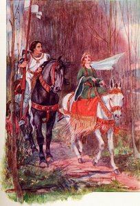 Sir Lancillotto e la Regina Ginevra. Illustrazione colorata dal libro The Gateway to Tennyson pubblicato nel 1910 da English School