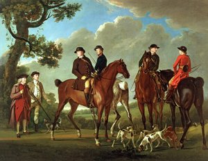 Sir Thomas Gascoigne e Sir Walter Vavasour con il prete, il vicario e i servitori di caccia da English School