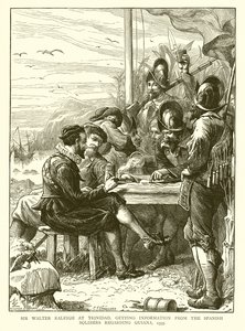 Sir Walter Raleigh a Trinidad, ottenendo informazioni dai soldati spagnoli riguardo a Guiana, 1595 da English School