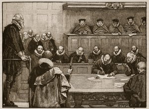 Sir Walter Raleigh davanti ai giudici, illustrazione da Cassells Illustrated History of England da English School