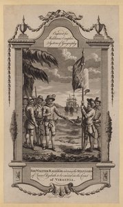 Sir Walter Raleigh ordina di erigere lo stendardo della Regina Elisabetta sulla costa della Virginia da English School