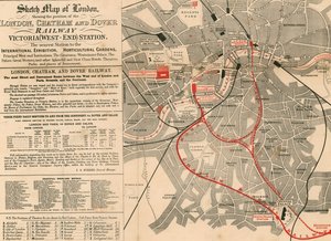 Mappa schizzo di Londra che mostra la posizione della ferrovia di Londra, Chatham e Dover