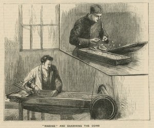 Schizzi alla Royal Mint, Tower Hill; suonatura ed esame delle monete