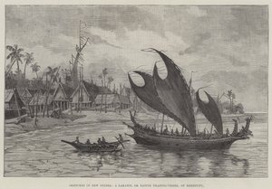 Schizzi in Nuova Guinea, un Lakatoi, o Nave Mercantile Nativa, di Kerepunu (incisione) da English School