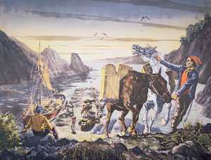 Contrabbandieri che caricano merce di contrabbando sui loro pony per il viaggio nell