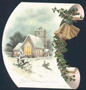 Scena di neve e chiesa, cartolina di Natale
